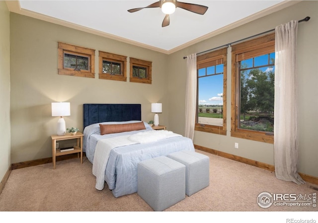 8236 County Road 74, Windsor, CO 80550 - carpeted bedroom featuring baseboards, crown molding, and a ceiling fan