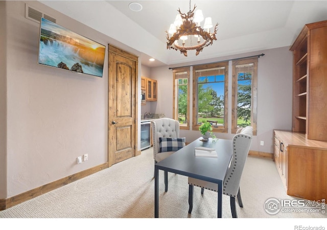 8236 County Road 74, Windsor, CO 80550 - dining space featuring a chandelier, light colored carpet, baseboards, and recessed lighting