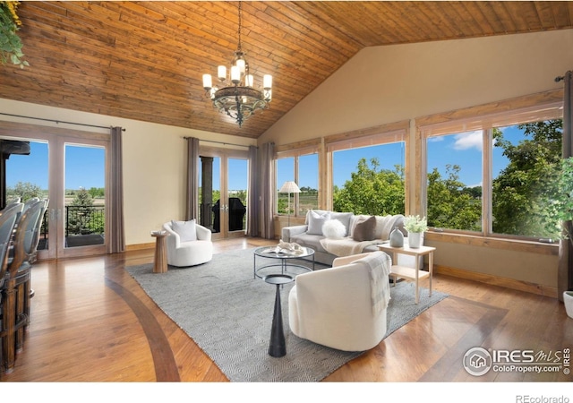 8236 County Road 74, Windsor, CO 80550 - living area with high vaulted ceiling, wooden ceiling, a chandelier, baseboards, and wood finished floors