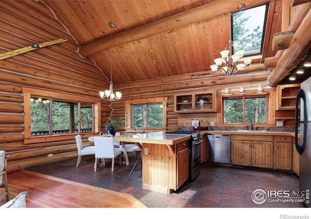 28 Ute Crossing Ct, Lyons, CO 80540 - kitchen with a chandelier, appliances with stainless steel finishes, a sink, a peninsula, and glass insert cabinets
