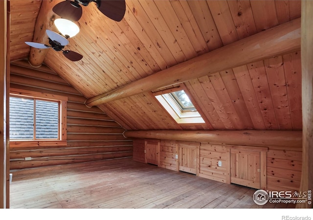28 Ute Crossing Ct, Lyons, CO 80540 - additional living space with a ceiling fan, light wood finished floors, wood ceiling, a skylight, and log walls