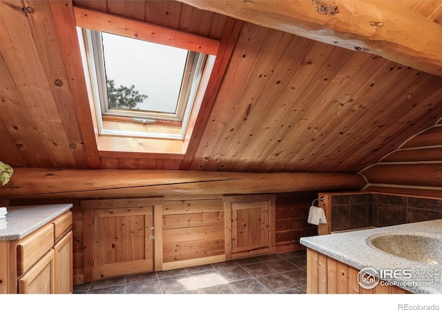 28 Ute Crossing Ct, Lyons, CO 80540 - bathroom featuring a skylight, vanity, and wood ceiling