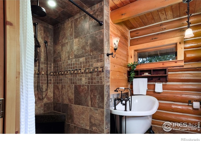 28 Ute Crossing Ct, Lyons, CO 80540 - bathroom with a freestanding tub, tiled shower, and wood ceiling with exposed beams