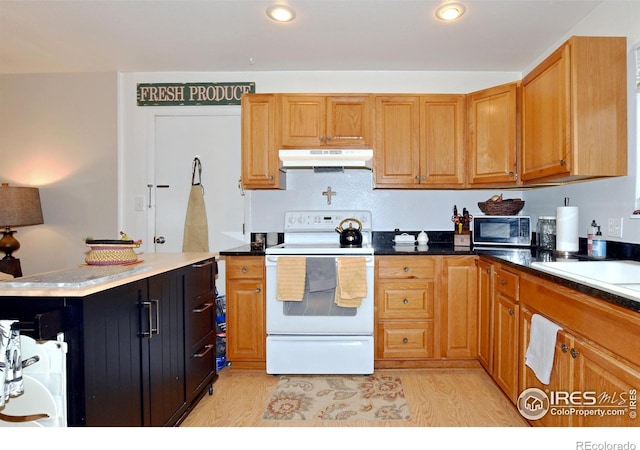 1405 Village Ln, Fort Collins, CO 80521 - kitchen featuring white electric range, under cabinet range hood, light wood-type flooring, recessed lighting, and brown cabinetry