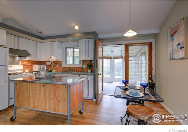 1110 Hartford Dr, Boulder, CO 80305 - kitchen featuring stainless steel counters, white appliances, light wood-type flooring, under cabinet range hood, and recessed lighting