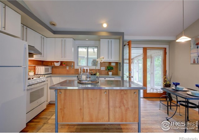 1110 Hartford Dr, Boulder, CO 80305 - kitchen featuring stainless steel counters, white appliances, under cabinet range hood, white cabinets, and light wood-type flooring