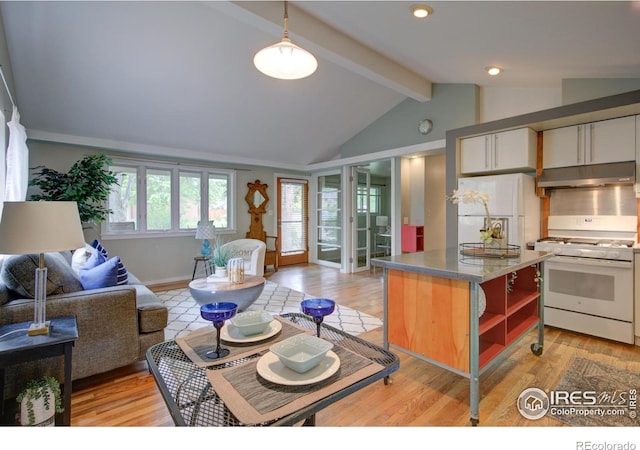 1110 Hartford Dr, Boulder, CO 80305 - kitchen with white appliances, under cabinet range hood, open floor plan, light wood-type flooring, and recessed lighting