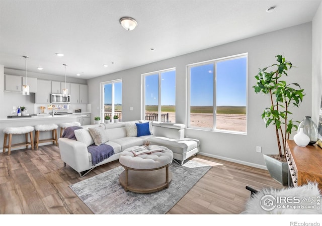 3364 Streamwood Dr, Johnstown, CO 80534 - living room featuring light wood-style flooring and recessed lighting