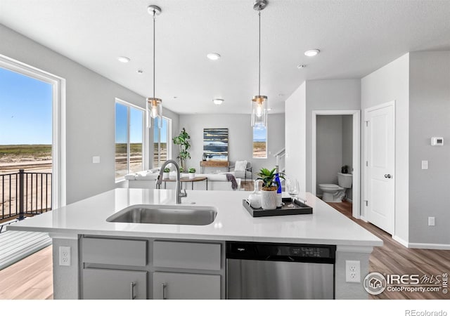 3364 Streamwood Dr, Johnstown, CO 80534 - kitchen featuring dishwasher, light wood-type flooring, a kitchen island with sink, open floor plan, and light countertops