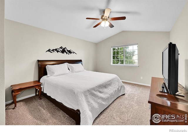 11740 Ivy St, Thornton, CO 80233 - bedroom with carpet floors, baseboards, lofted ceiling, and ceiling fan