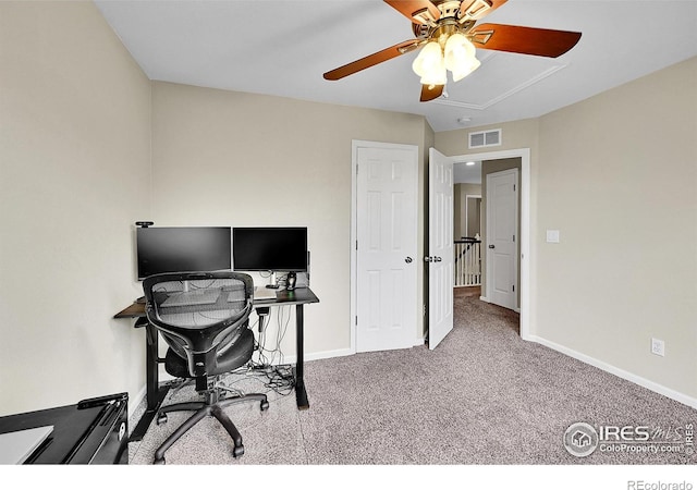 11740 Ivy St, Thornton, CO 80233 - carpeted home office with attic access, baseboards, and a ceiling fan
