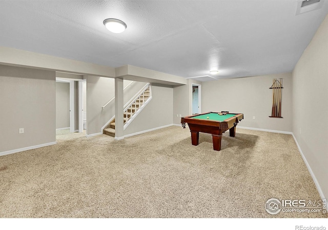 11740 Ivy St, Thornton, CO 80233 - recreation room with pool table, carpet floors, baseboards, and a textured ceiling