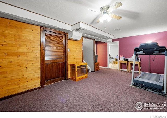 11385 Downing Dr, Northglenn, CO 80233 - exercise area with wood walls, carpet, and a ceiling fan