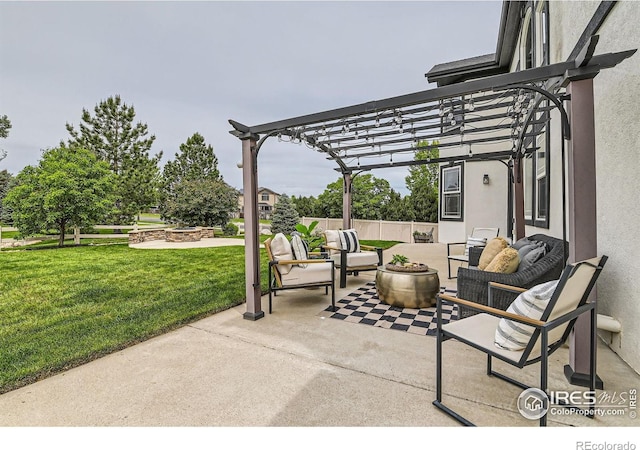 8839 Shetland Dr, Frederick, CO 80504 - view of patio featuring an outdoor living space with a fire pit and a pergola