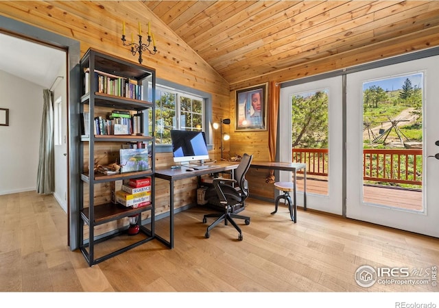 2507 Spencer Mountain Rd, Bellvue, CO 80512 - office area with vaulted ceiling, light wood-style flooring, wood ceiling, and wooden walls