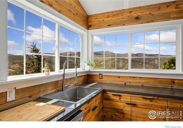 2507 Spencer Mountain Rd, Bellvue, CO 80512 - unfurnished sunroom featuring a sink, healthy amount of natural light, vaulted ceiling, and a mountain view