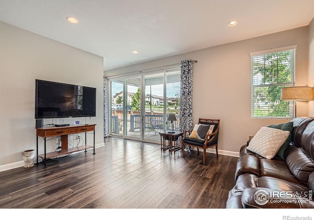 4343 E 96th Way, Thornton, CO 80229 - living area featuring baseboards, dark wood-style flooring, and recessed lighting