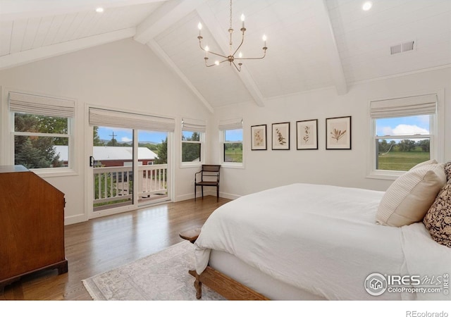 7215 Hygiene Rd, Longmont, CO 80503 - bedroom with a chandelier, access to outside, beamed ceiling, wood finished floors, and multiple windows