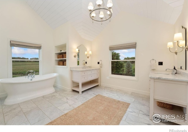 7215 Hygiene Rd, Longmont, CO 80503 - bathroom featuring a chandelier, marble look tiles, two vanities, healthy amount of natural light, and wood ceiling