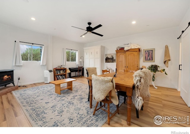 7215 Hygiene Rd, Longmont, CO 80503 - dining room with recessed lighting, light wood-type flooring, baseboards, and ceiling fan
