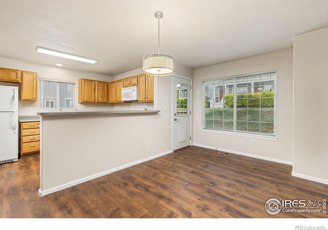 3660 W 25th St Unit 1106, Greeley, CO 80634 - kitchen with white appliances, baseboards, dark wood-type flooring, and pendant lighting