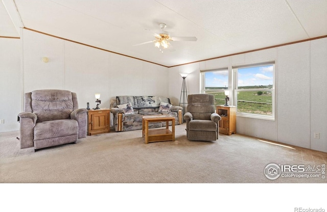 39780 County Road 68, Briggsdale, CO 80611 - carpeted living area featuring ornamental molding and a ceiling fan