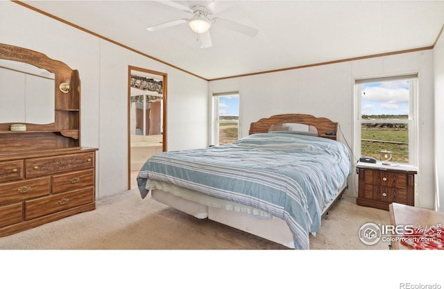 39780 County Road 68, Briggsdale, CO 80611 - bedroom with ornamental molding, carpet, lofted ceiling, ensuite bathroom, and a ceiling fan