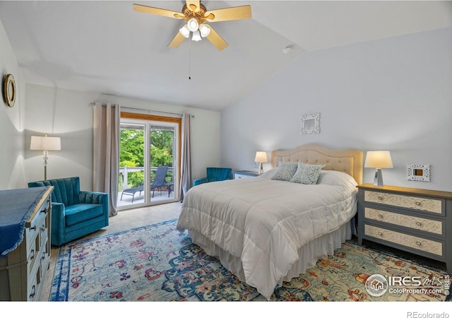 2325 Birdie Way, Milliken, CO 80543 - carpeted bedroom with access to exterior, lofted ceiling, and ceiling fan