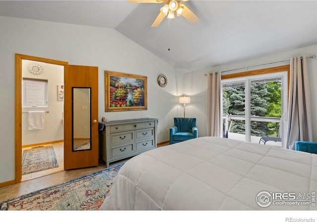 2325 Birdie Way, Milliken, CO 80543 - bedroom with lofted ceiling, baseboards, and ceiling fan