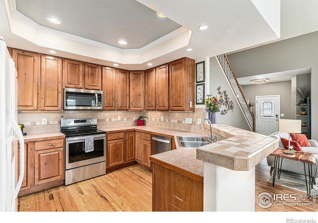 264 Alder Ave, Johnstown, CO 80534 - kitchen with stainless steel appliances, a sink, a peninsula, a tray ceiling, and light wood-type flooring