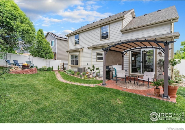 264 Alder Ave, Johnstown, CO 80534 - rear view of house featuring a pergola, a patio area, central AC unit, a shingled roof, and a fire pit
