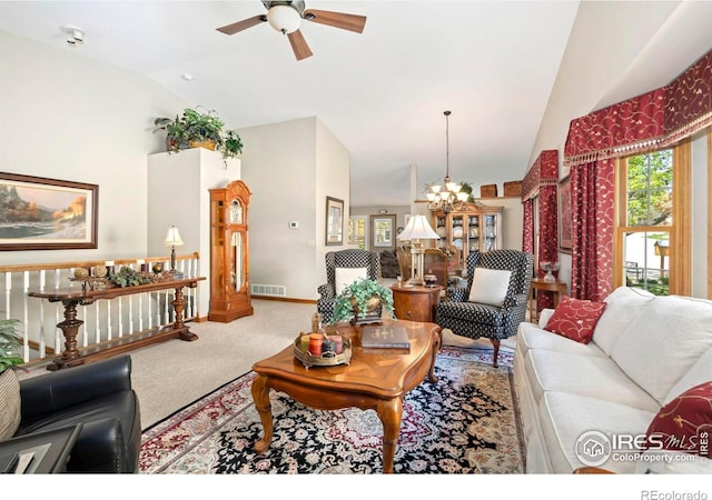 1142 Muirfield Way, Fort Collins, CO 80525 - carpeted living area with a chandelier, high vaulted ceiling, a ceiling fan, and baseboards