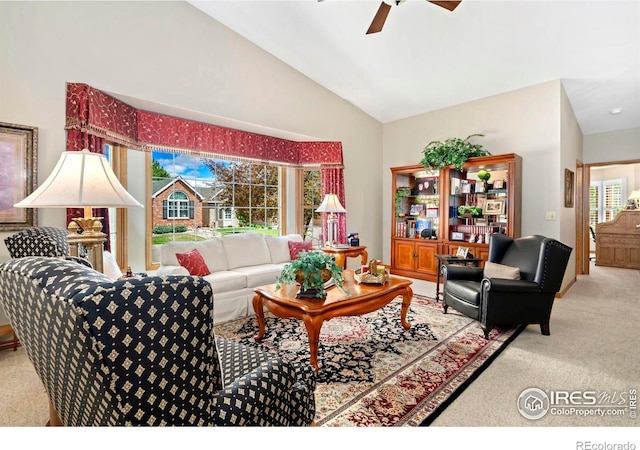1142 Muirfield Way, Fort Collins, CO 80525 - carpeted living area featuring vaulted ceiling and a ceiling fan