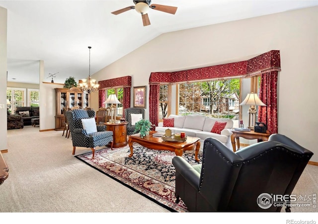 1142 Muirfield Way, Fort Collins, CO 80525 - carpeted living room featuring ceiling fan, a chandelier, and vaulted ceiling