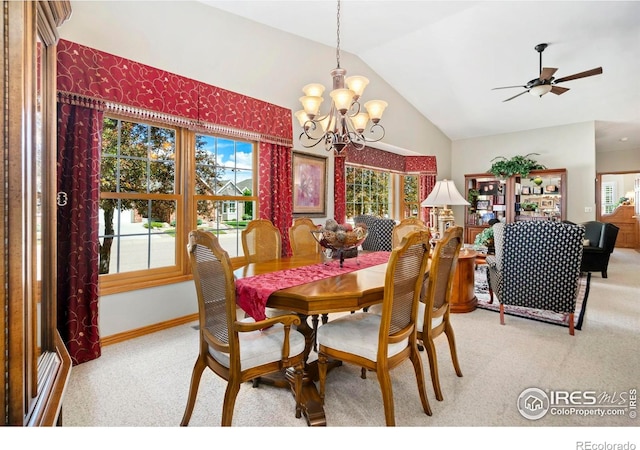 1142 Muirfield Way, Fort Collins, CO 80525 - dining area featuring carpet flooring, lofted ceiling, a chandelier, and ceiling fan