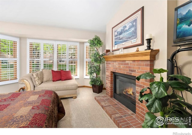 1142 Muirfield Way, Fort Collins, CO 80525 - living room with carpet flooring, a brick fireplace, and lofted ceiling