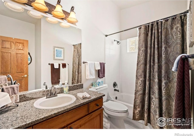 1142 Muirfield Way, Fort Collins, CO 80525 - bathroom featuring shower / bathtub combination with curtain, vanity, and toilet