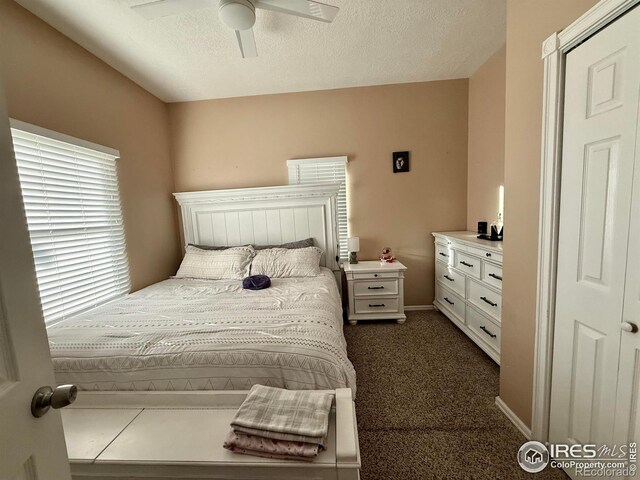 541 S Phelan Ave, Holyoke, CO 80734 - bedroom with dark carpet, ceiling fan, and a textured ceiling