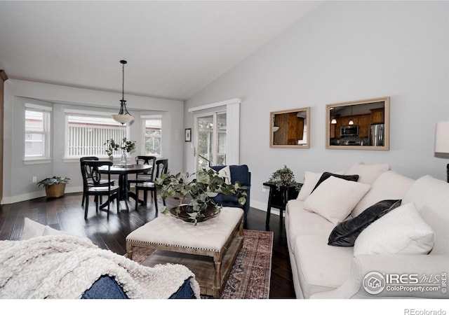 455 Radiant Dr, Loveland, CO 80538 - living area featuring vaulted ceiling, baseboards, and dark wood-style floors