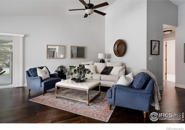 455 Radiant Dr, Loveland, CO 80538 - living room featuring high vaulted ceiling, wood finished floors, ceiling fan, and baseboards