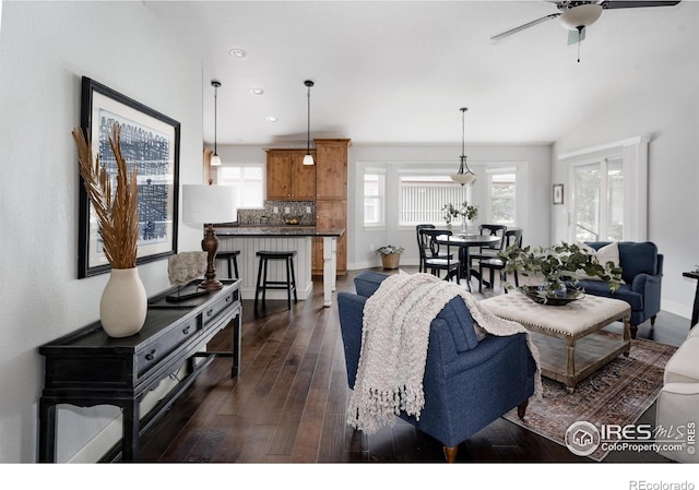 455 Radiant Dr, Loveland, CO 80538 - living room with dark wood-style floors, baseboards, a ceiling fan, and recessed lighting