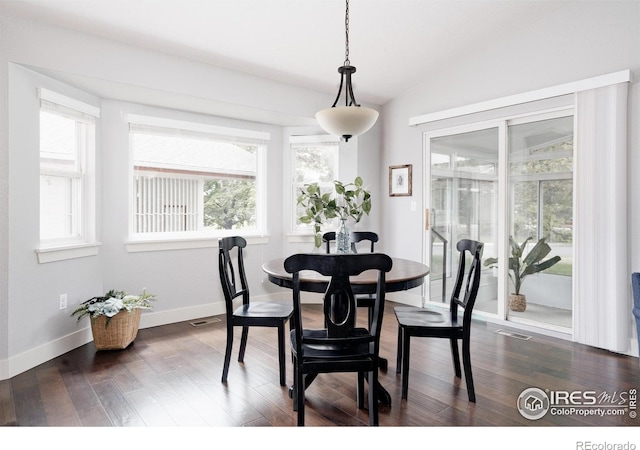 455 Radiant Dr, Loveland, CO 80538 - dining room featuring baseboards, dark wood-type flooring, and lofted ceiling
