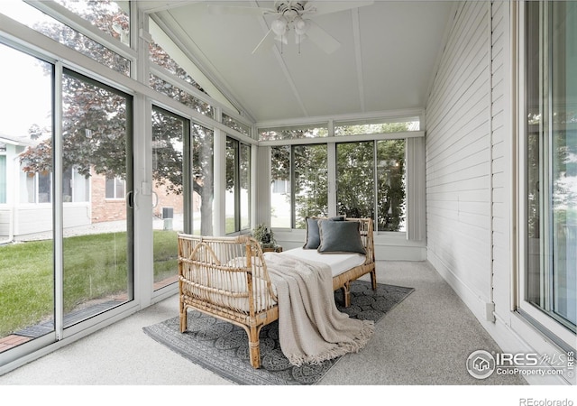 455 Radiant Dr, Loveland, CO 80538 - sunroom featuring lofted ceiling and ceiling fan