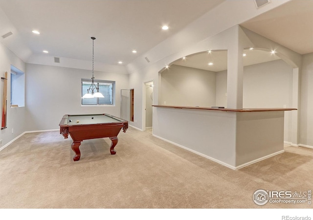 7858 Oban Ct, Lone Tree, CO 80124 - game room with light colored carpet, baseboards, billiards table, and recessed lighting