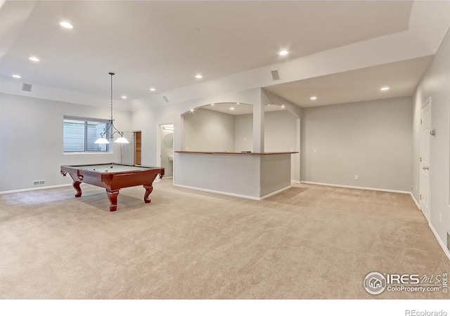 7858 Oban Ct, Lone Tree, CO 80124 - playroom featuring light carpet, recessed lighting, baseboards, and billiards