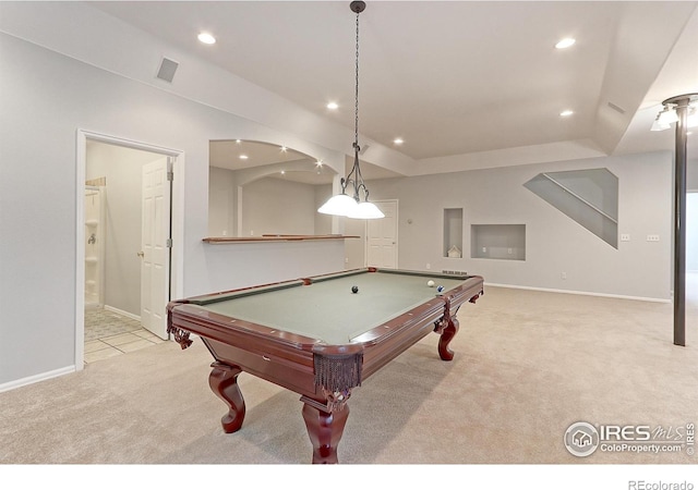 7858 Oban Ct, Lone Tree, CO 80124 - playroom featuring carpet floors, recessed lighting, baseboards, billiards, and a tray ceiling