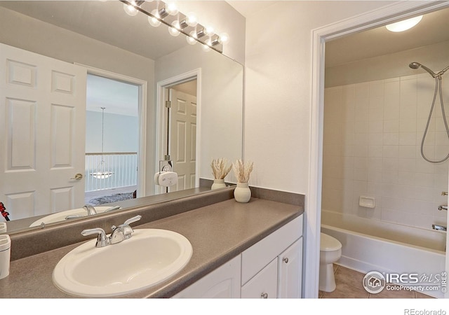 7858 Oban Ct, Lone Tree, CO 80124 - full bathroom featuring toilet, vanity, shower / bathtub combination, and tile patterned floors