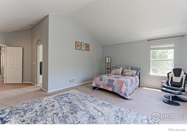 7858 Oban Ct, Lone Tree, CO 80124 - carpeted bedroom featuring lofted ceiling, arched walkways, and baseboards
