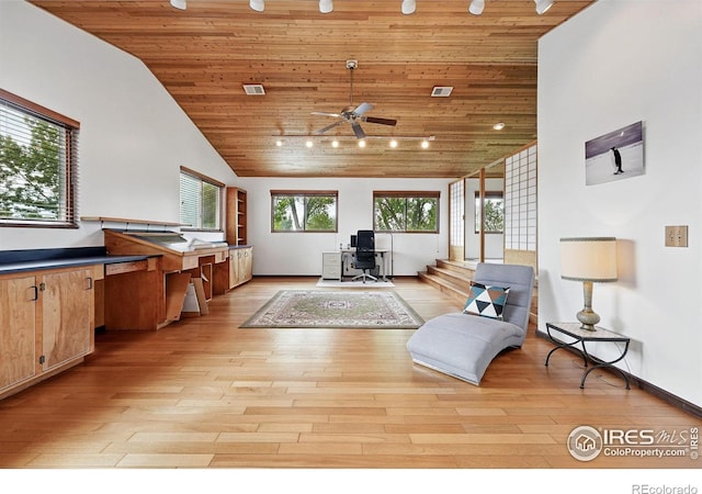 1484 Wicklow St, Boulder, CO 80303 - living room with wood ceiling, a desk, vaulted ceiling, a ceiling fan, and light wood-style flooring