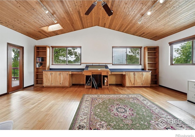 1484 Wicklow St, Boulder, CO 80303 - unfurnished office with track lighting, lofted ceiling, a ceiling fan, light wood-style floors, and a skylight